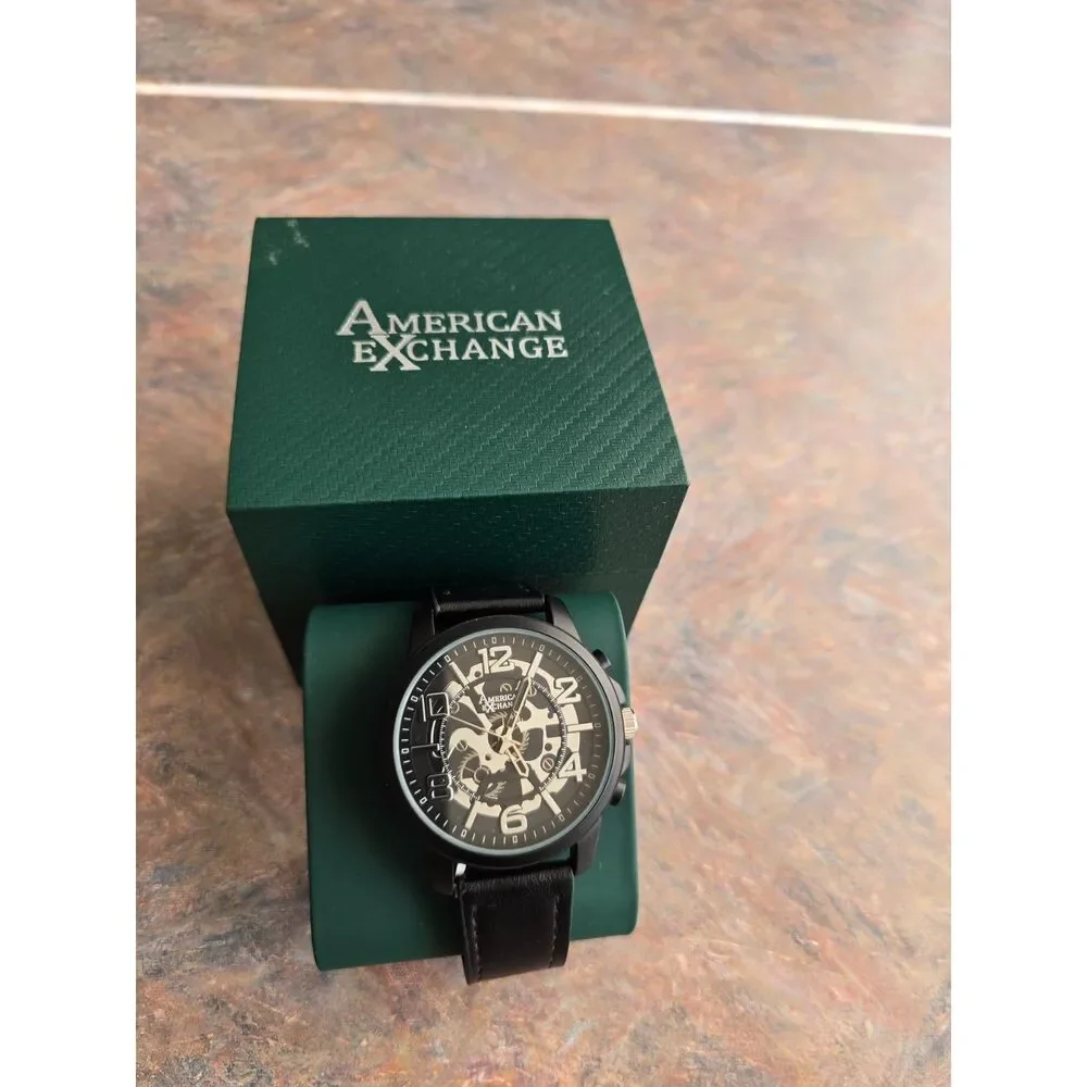 AmericanExchange Stylish men water resistant quartz black watch adjustable strap